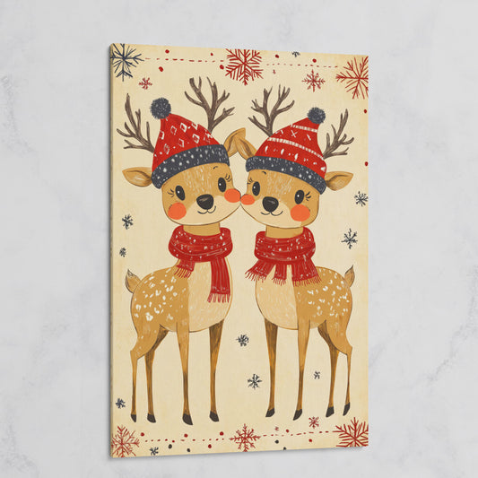 Reindeer with Red Hats Canvas Print, Retro Christmas on gallery wrap