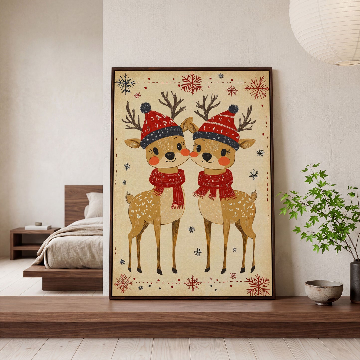 Reindeer with Red Hats Canvas Print, Retro Christmas in dark walnut floating frame