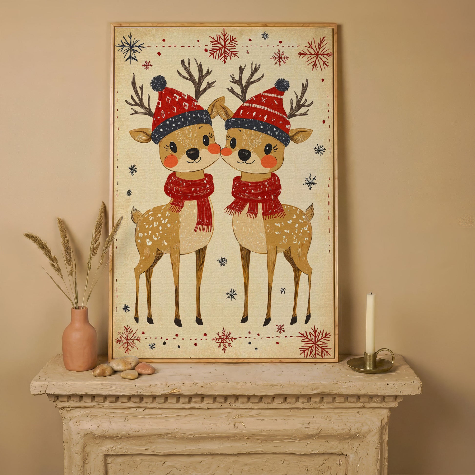 Reindeer with Red Hats Canvas Print, Retro Christmas in white oak floating frame