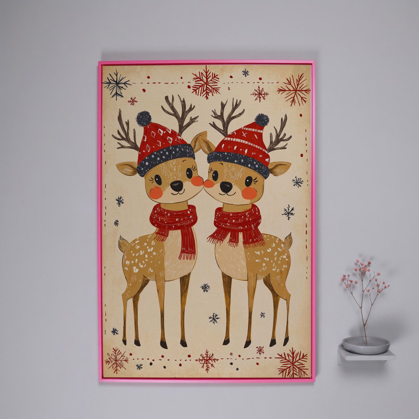 Reindeer with Red Hats Canvas Print, Retro Christmas in pink floating frame