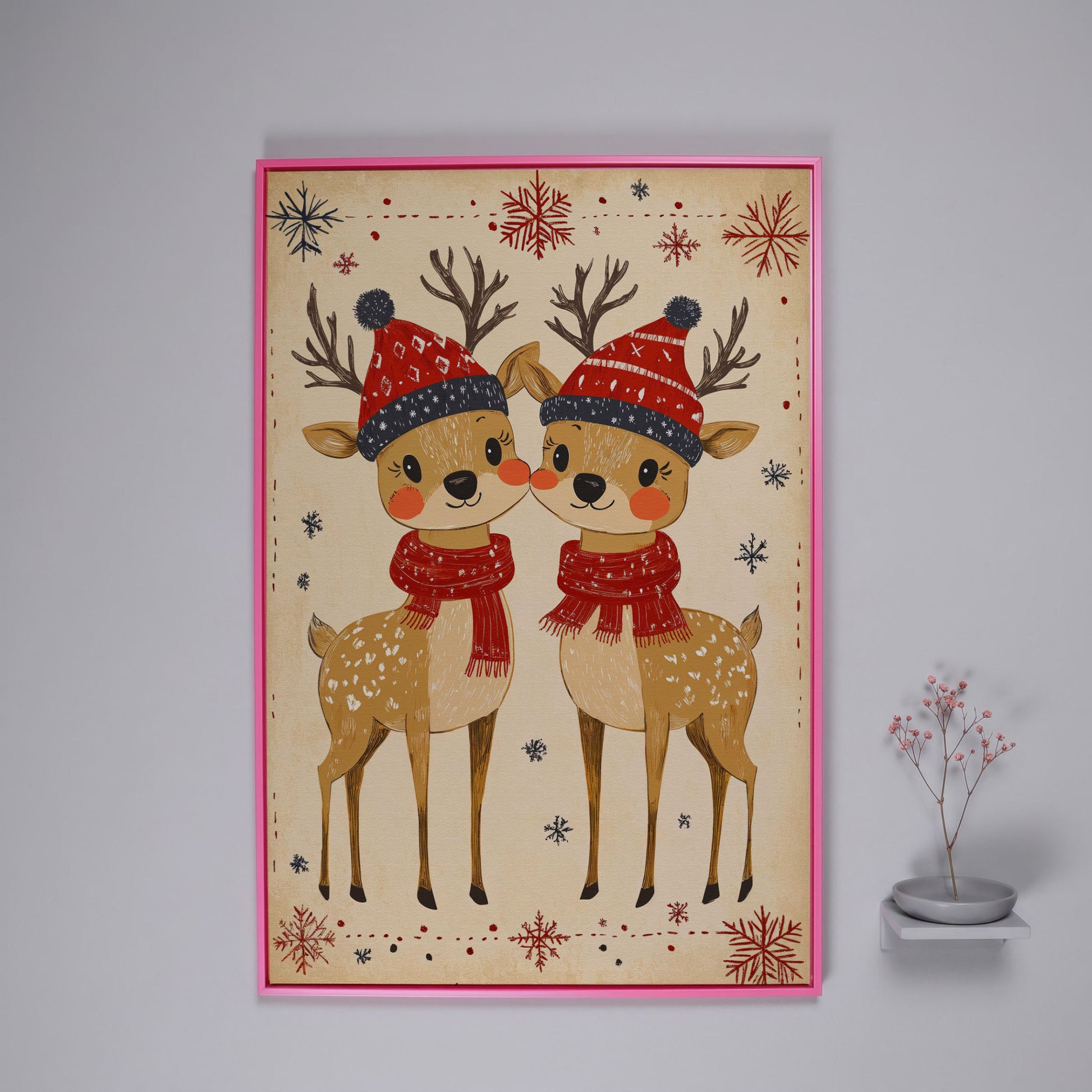 Reindeer with Red Hats Canvas Print, Retro Christmas in pink floating frame