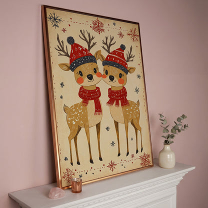 Reindeer with Red Hats Canvas Print, Retro Christmas in rose gold floating frame