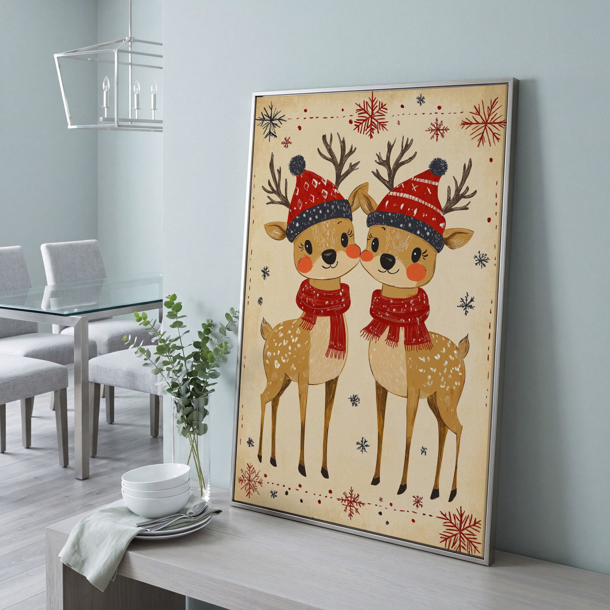 Reindeer with Red Hats Canvas Print, Retro Christmas in silver floating frame