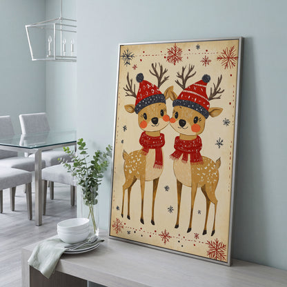 Reindeer with Red Hats Canvas Print, Retro Christmas in silver floating frame