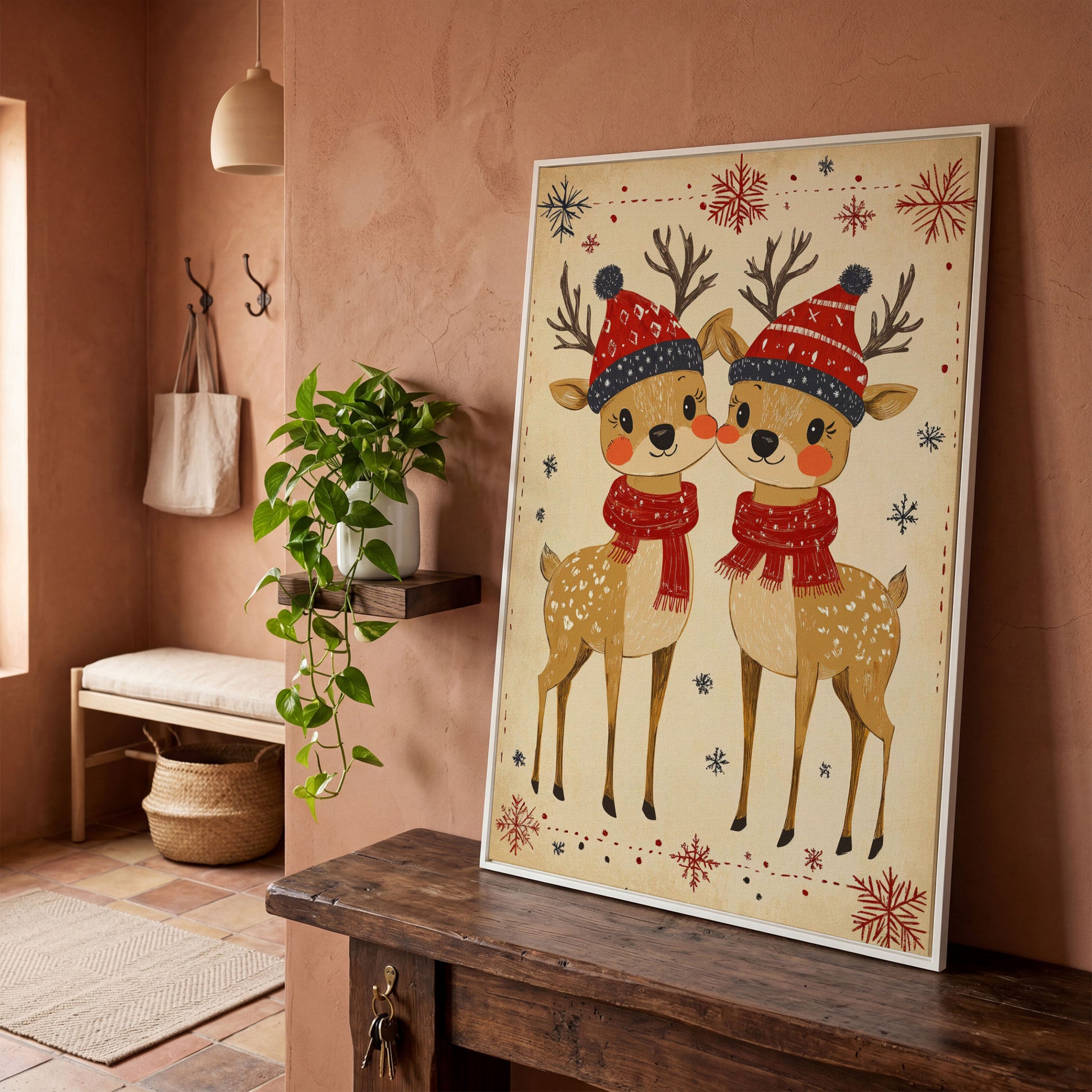 Reindeer with Red Hats Canvas Print, Retro Christmas in white floating frame