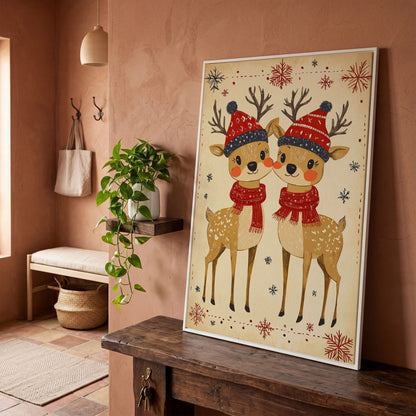Reindeer with Red Hats Canvas Print, Retro Christmas in white floating frame