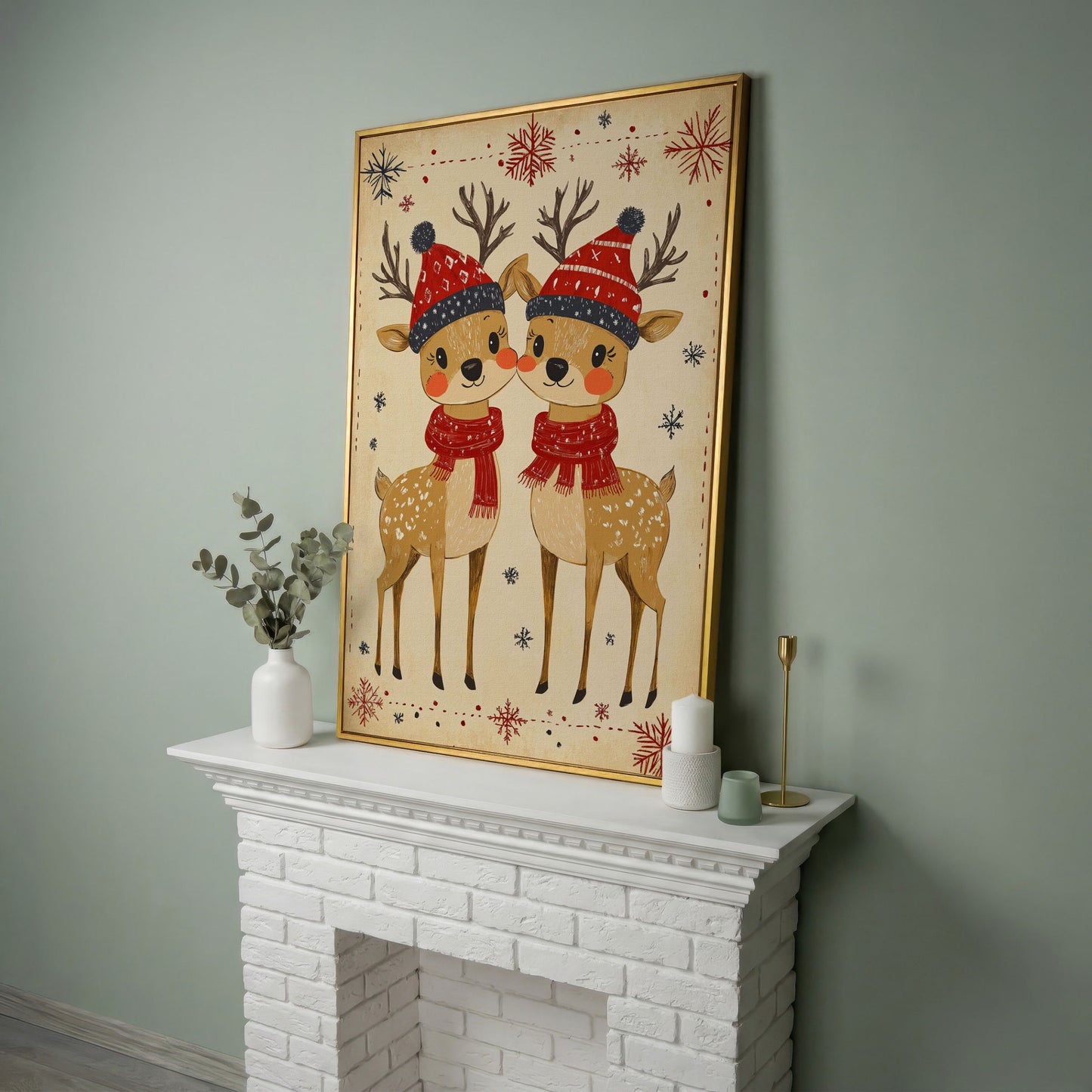 Reindeer with Red Hats Canvas Print, Retro Christmas in yellow gold floating frame