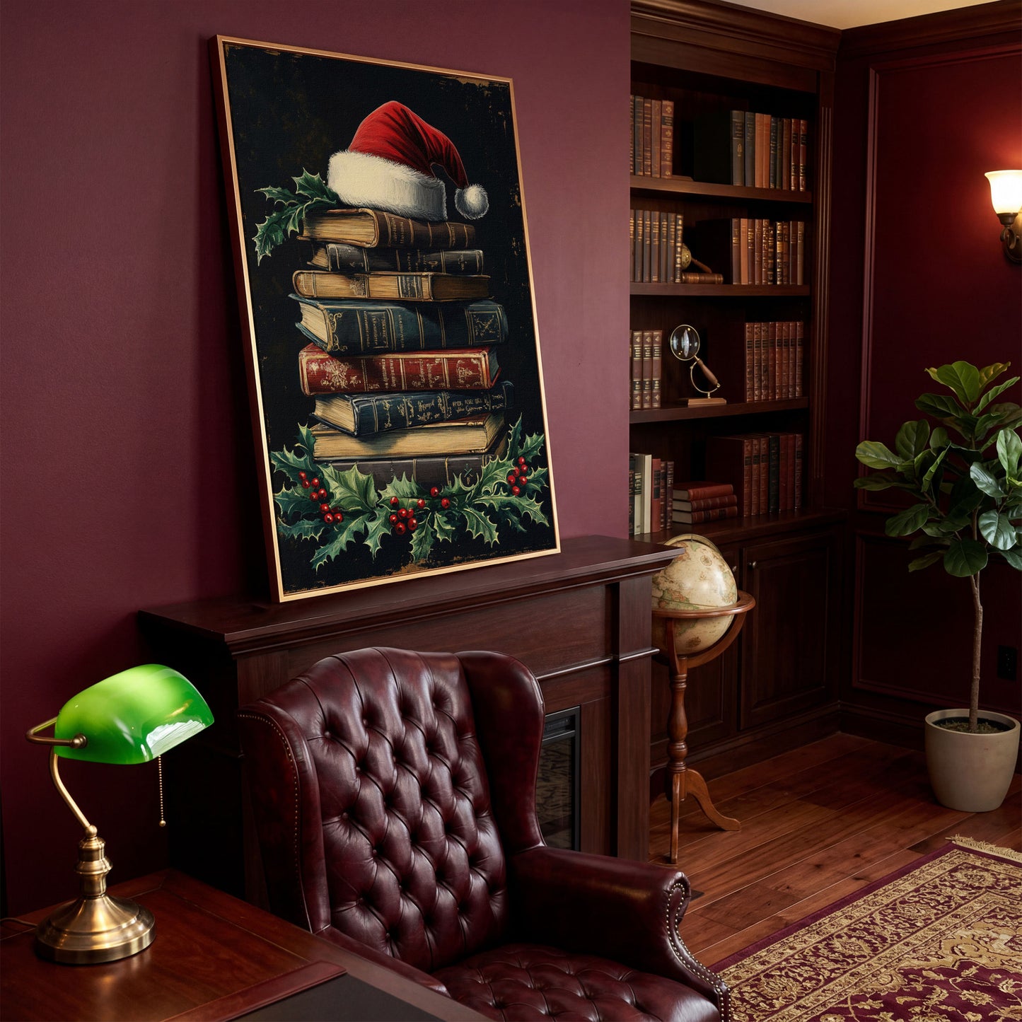 Christmas Books with Santa Hat Canvas Print in antique gold floating frame