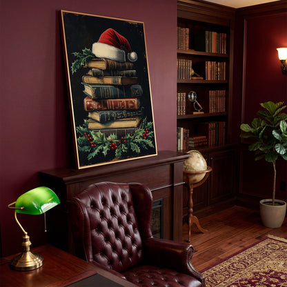 Christmas Books with Santa Hat Canvas Print in antique gold floating frame