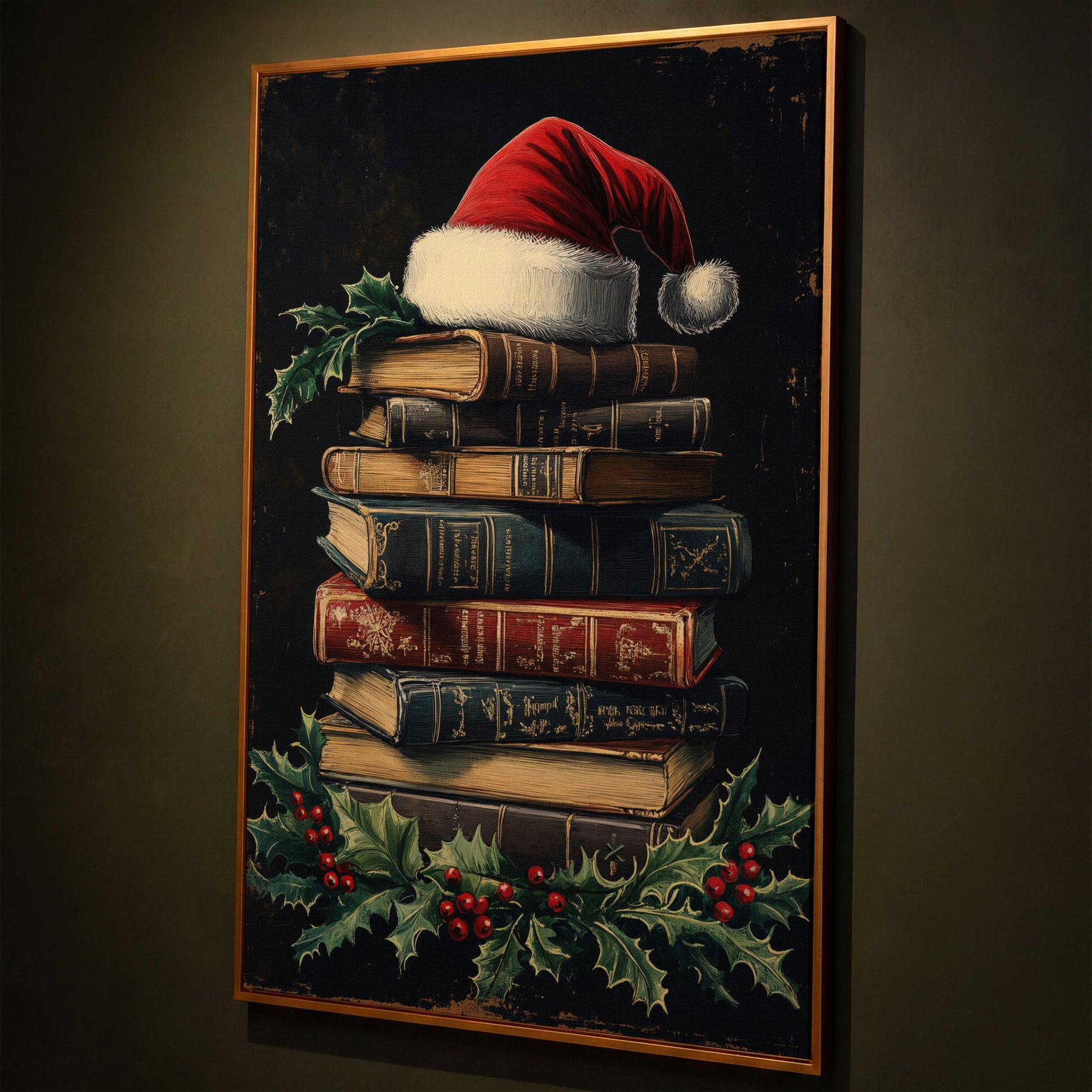 Christmas Books with Santa Hat Canvas Print shown in antique gold floating frame