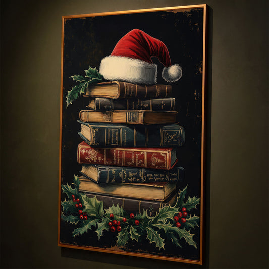 Christmas Books with Santa Hat Canvas Print shown in antique gold floating frame