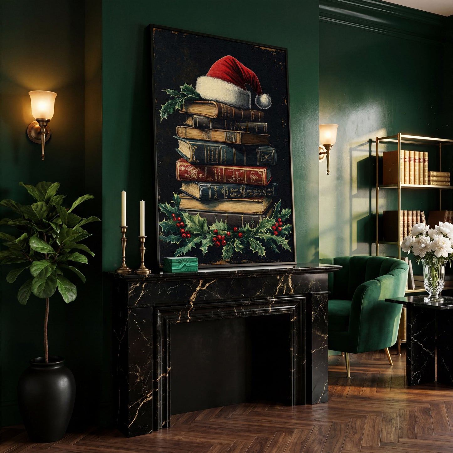 Christmas Books with Santa Hat Canvas Print in black floating frame