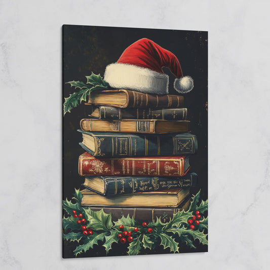 Christmas Books with Santa Hat Canvas Print on gallery wrap