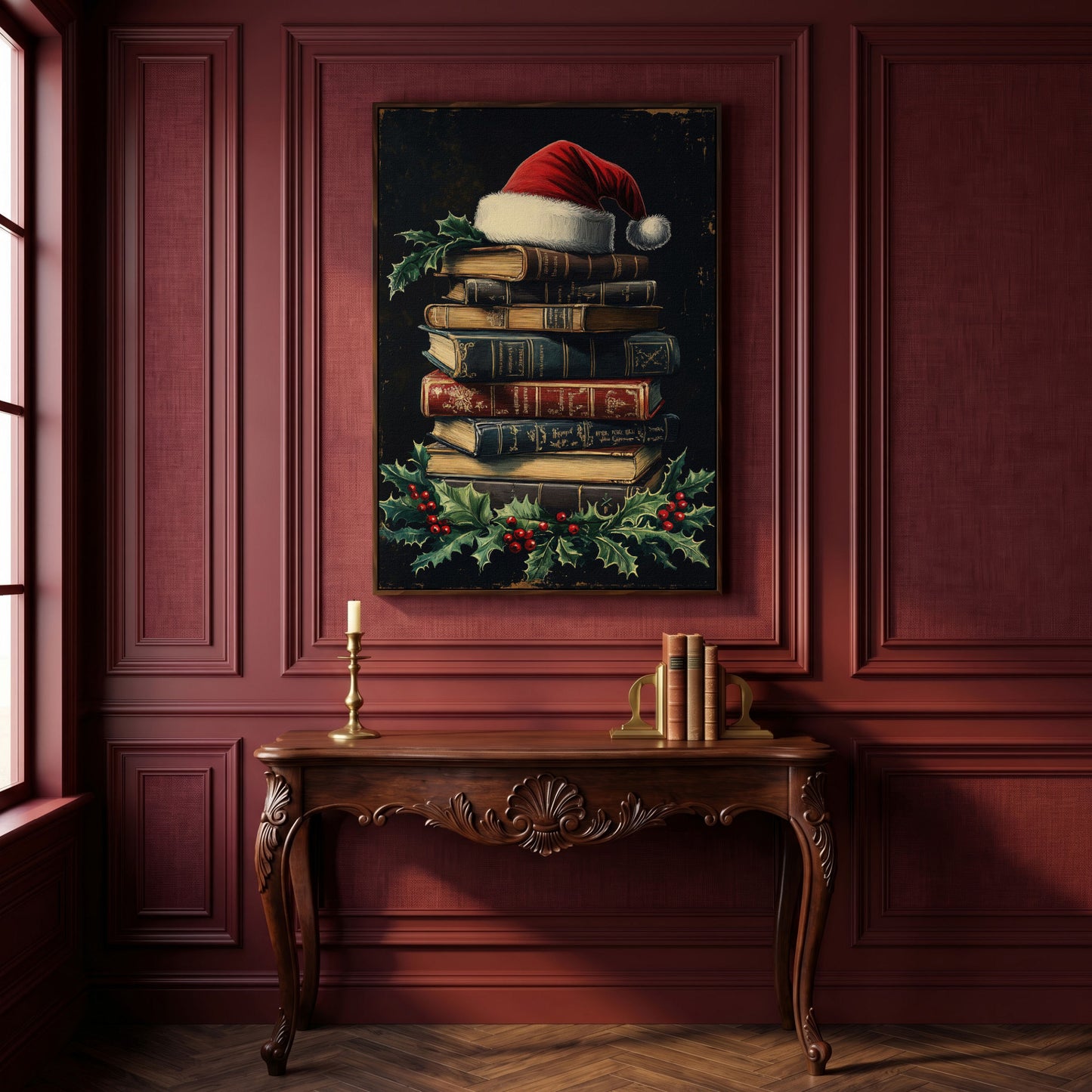 Christmas Books with Santa Hat Canvas Print in dark walnut floating frame