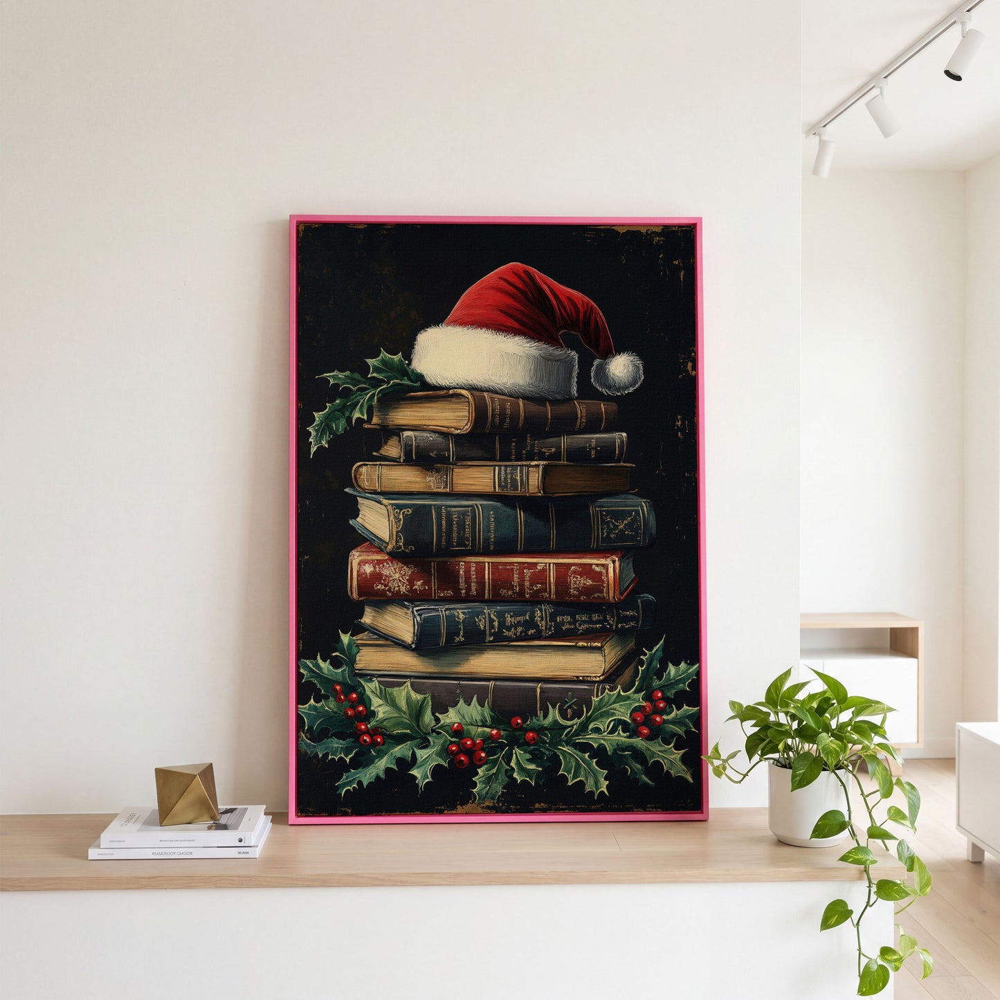 Christmas Books with Santa Hat Canvas Print in pink floating frame