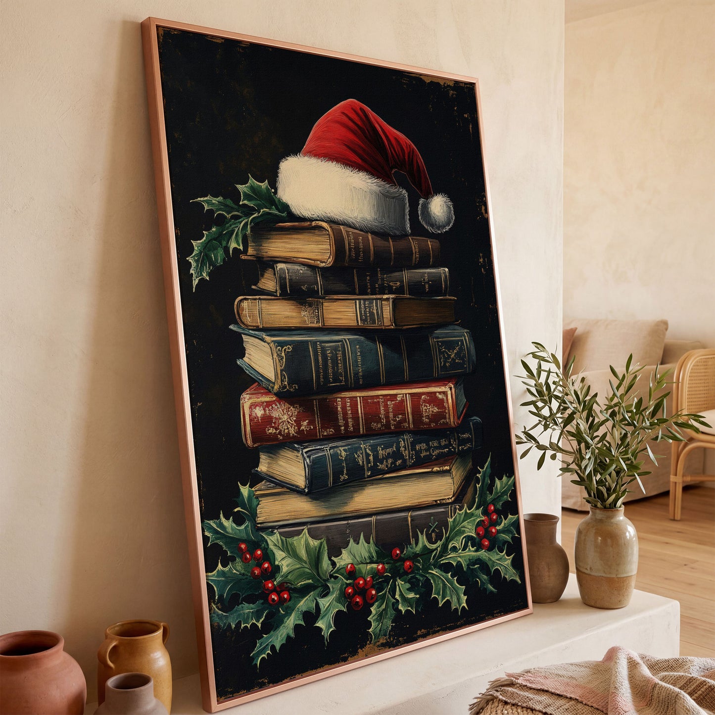 Christmas Books with Santa Hat Canvas Print in rose gold floating frame