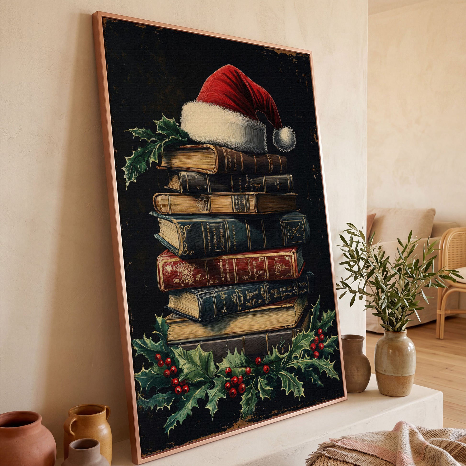 Christmas Books with Santa Hat Canvas Print in rose gold floating frame