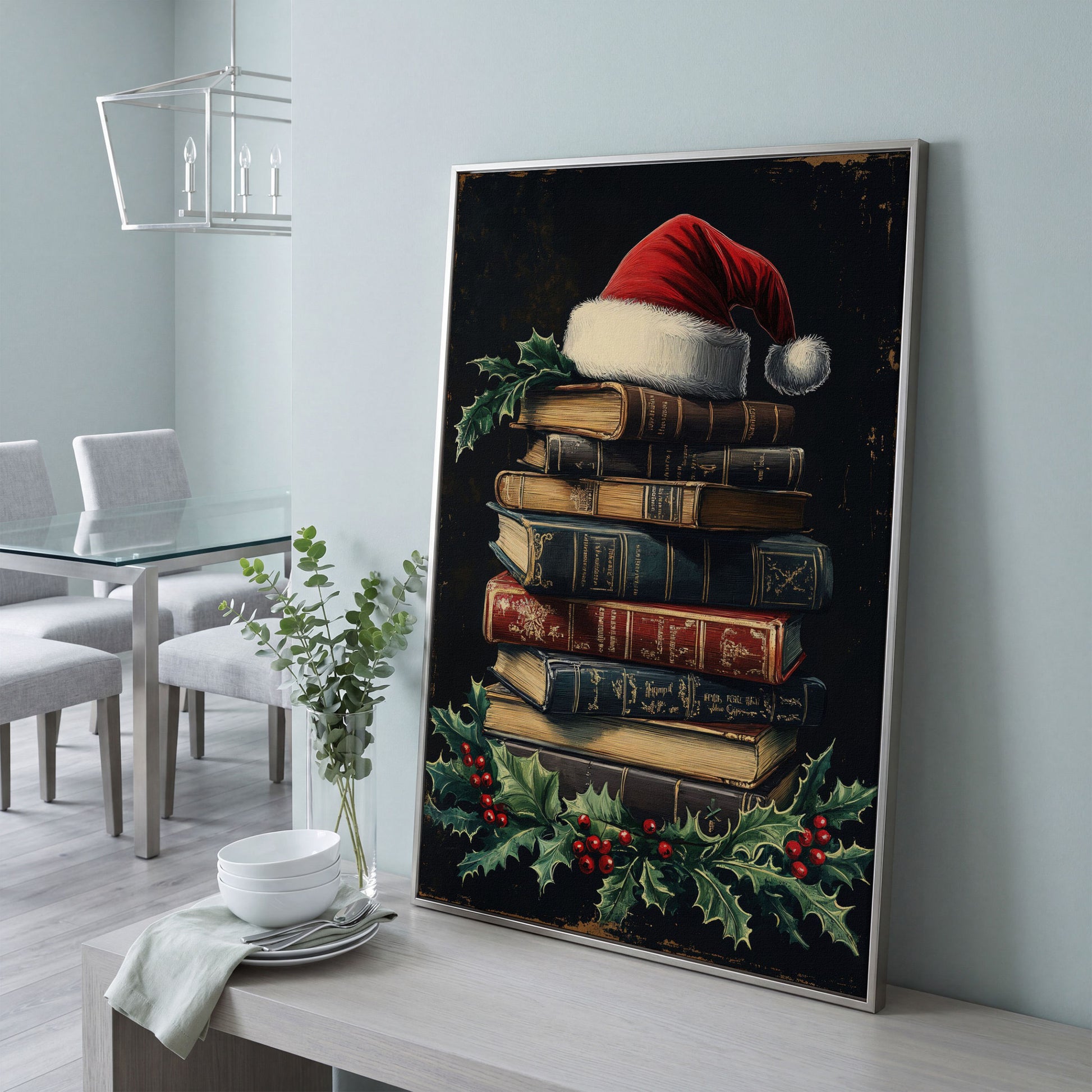 Christmas Books with Santa Hat Canvas Print in silver floating frame