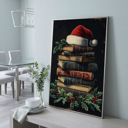 Christmas Books with Santa Hat Canvas Print in silver floating frame