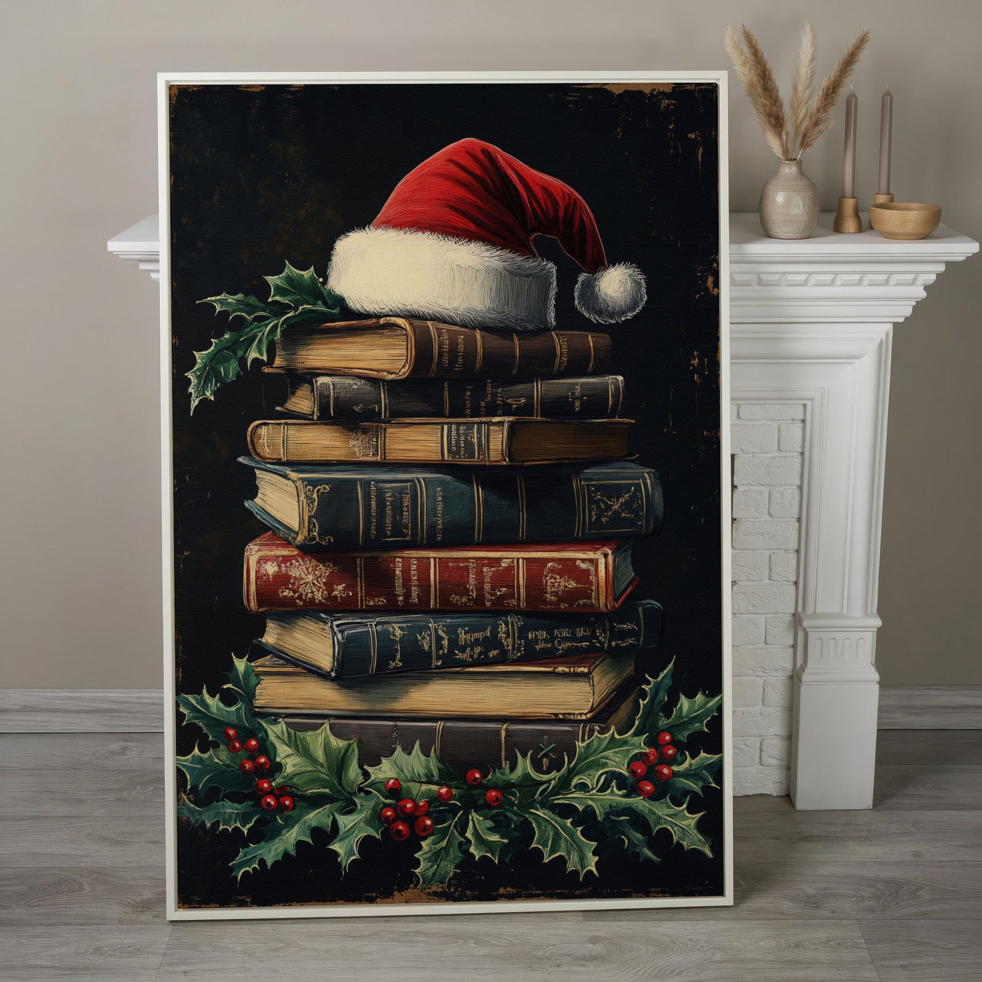 Christmas Books with Santa Hat Canvas Print in white floating frame