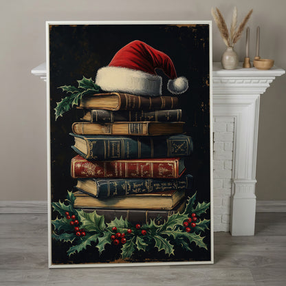 Christmas Books with Santa Hat Canvas Print in white floating frame