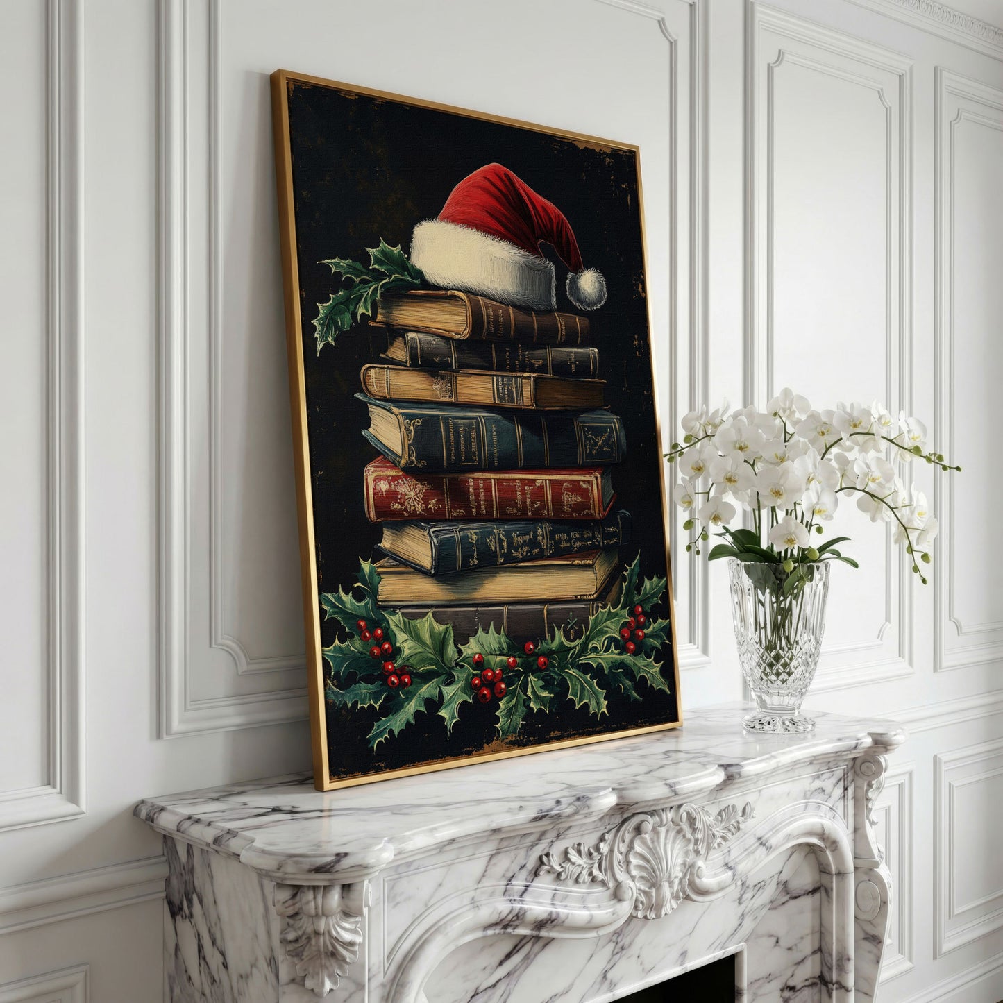 Christmas Books with Santa Hat Canvas Print in yellow gold floating frame