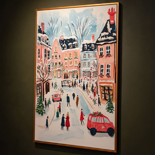 Christmas Town Square Canvas Print | Winter Scene shown in antique gold floating frame