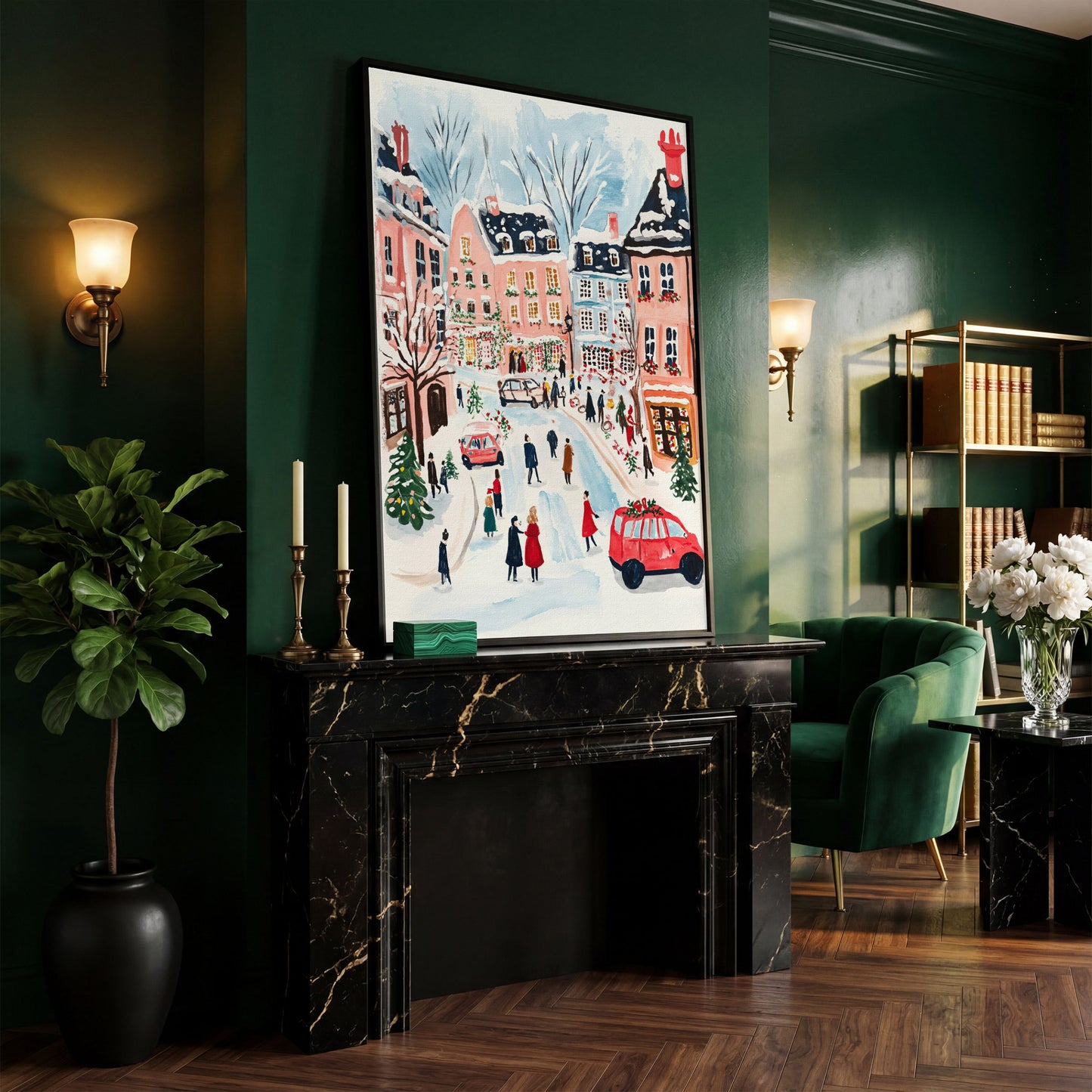 Christmas Town Square Canvas Print | Winter Scene in black floating frame