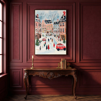 Christmas Town Square Canvas Print | Winter Scene in dark walnut floating frame