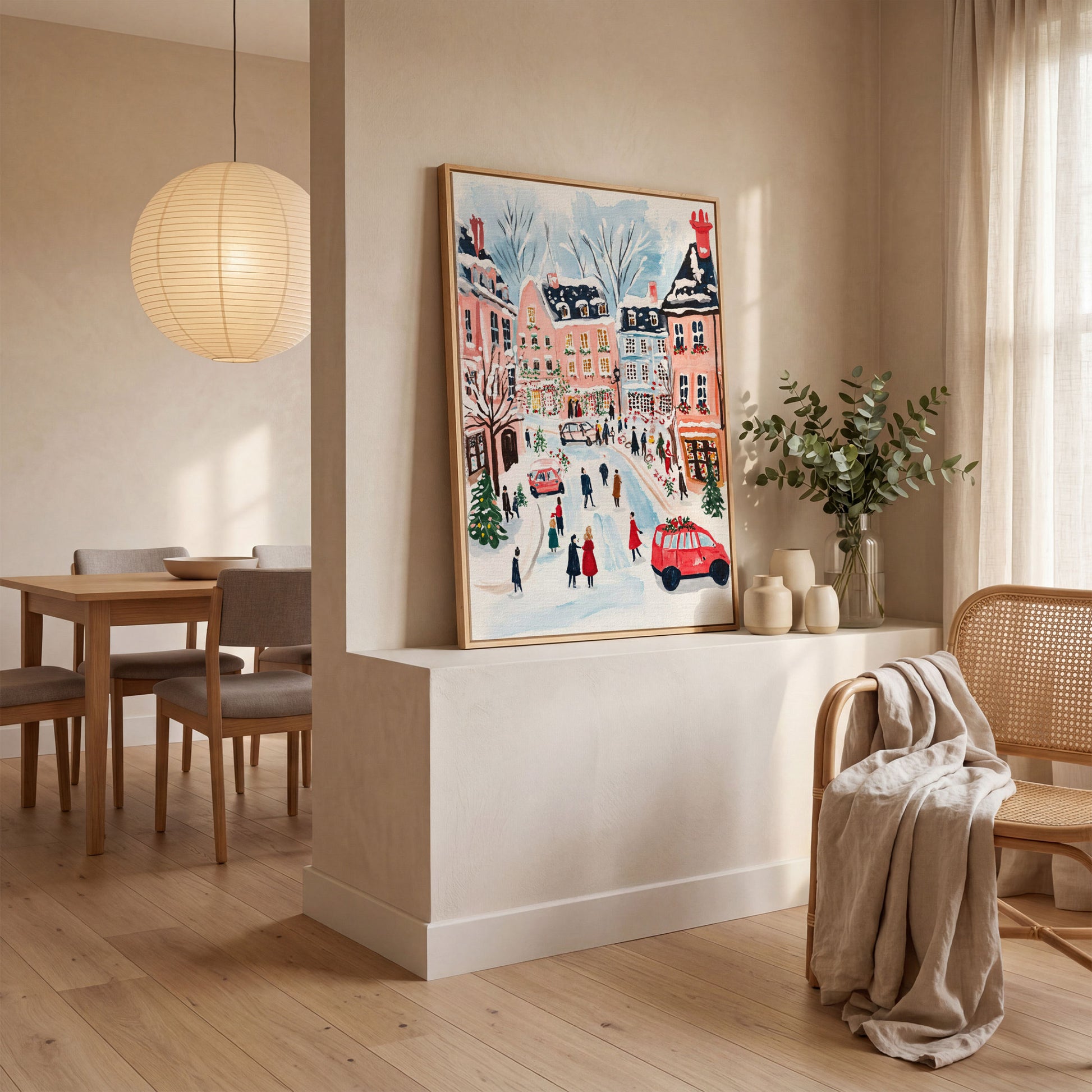 Christmas Town Square Canvas Print | Winter Scene in white oak floating frame