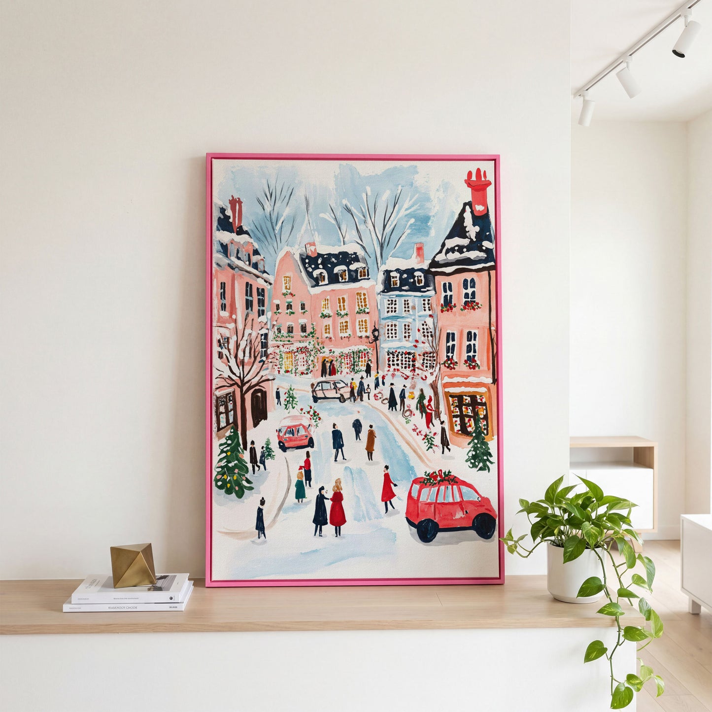 Christmas Town Square Canvas Print | Winter Scene in pink floating frame