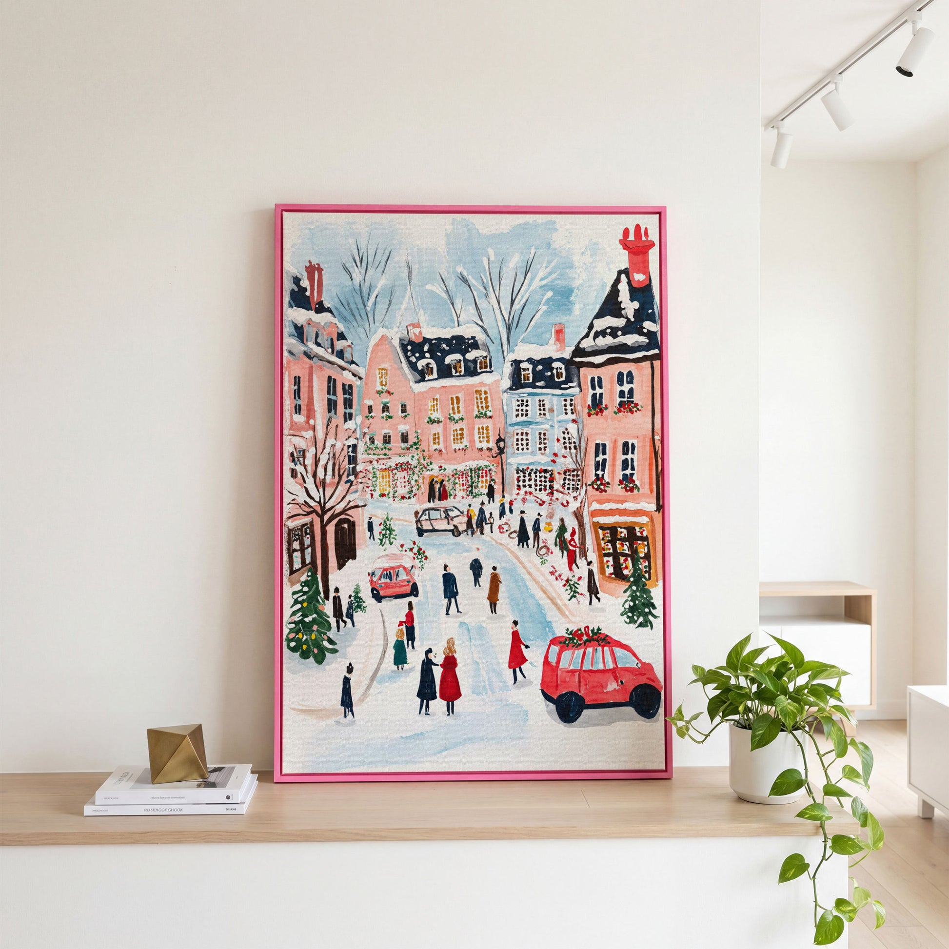 Christmas Town Square Canvas Print | Winter Scene in pink floating frame