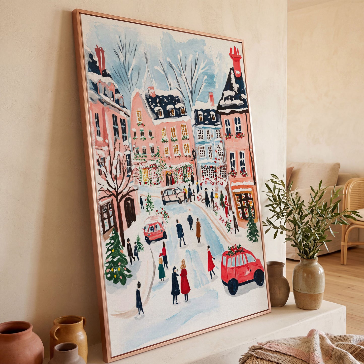 Christmas Town Square Canvas Print | Winter Scene in rose gold floating frame