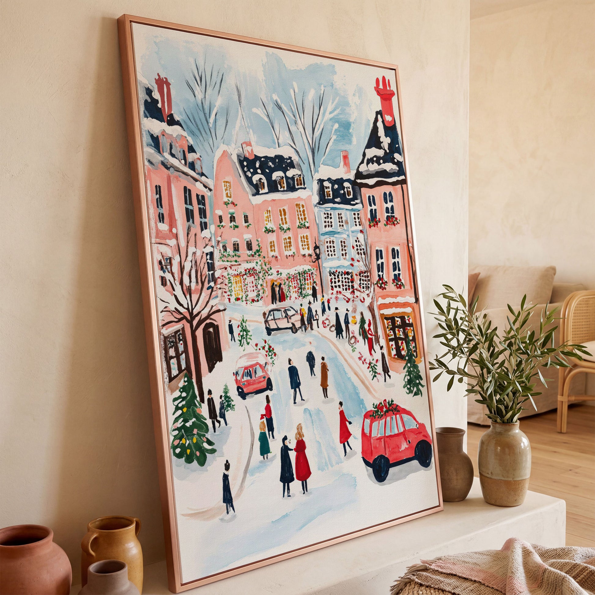 Christmas Town Square Canvas Print | Winter Scene in rose gold floating frame