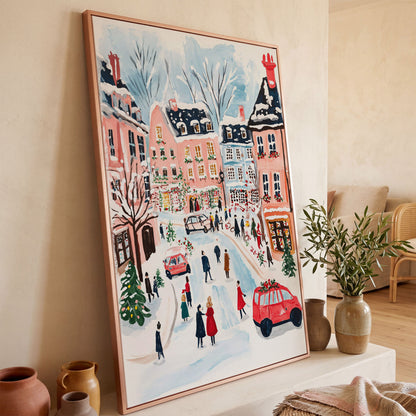 Christmas Town Square Canvas Print | Winter Scene in rose gold floating frame