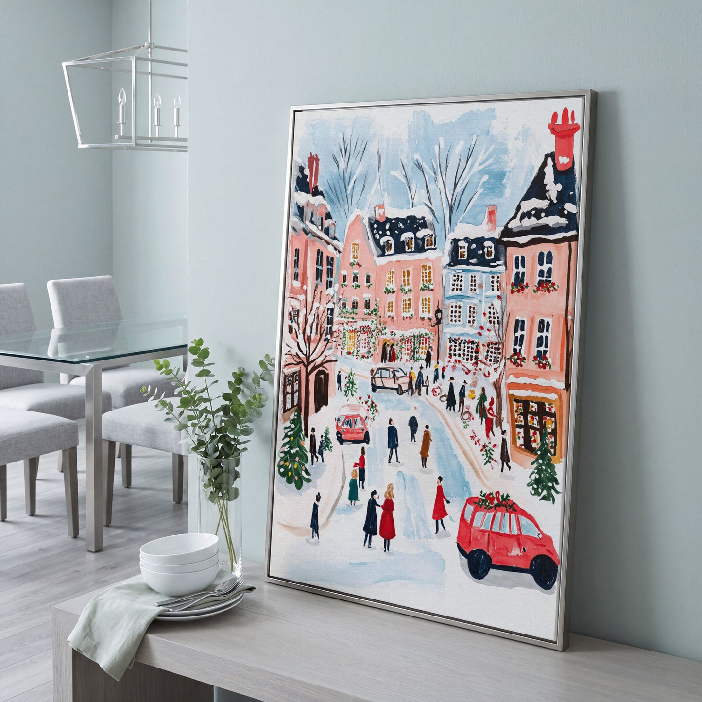 Christmas Town Square Canvas Print | Winter Scene in silver floating frame