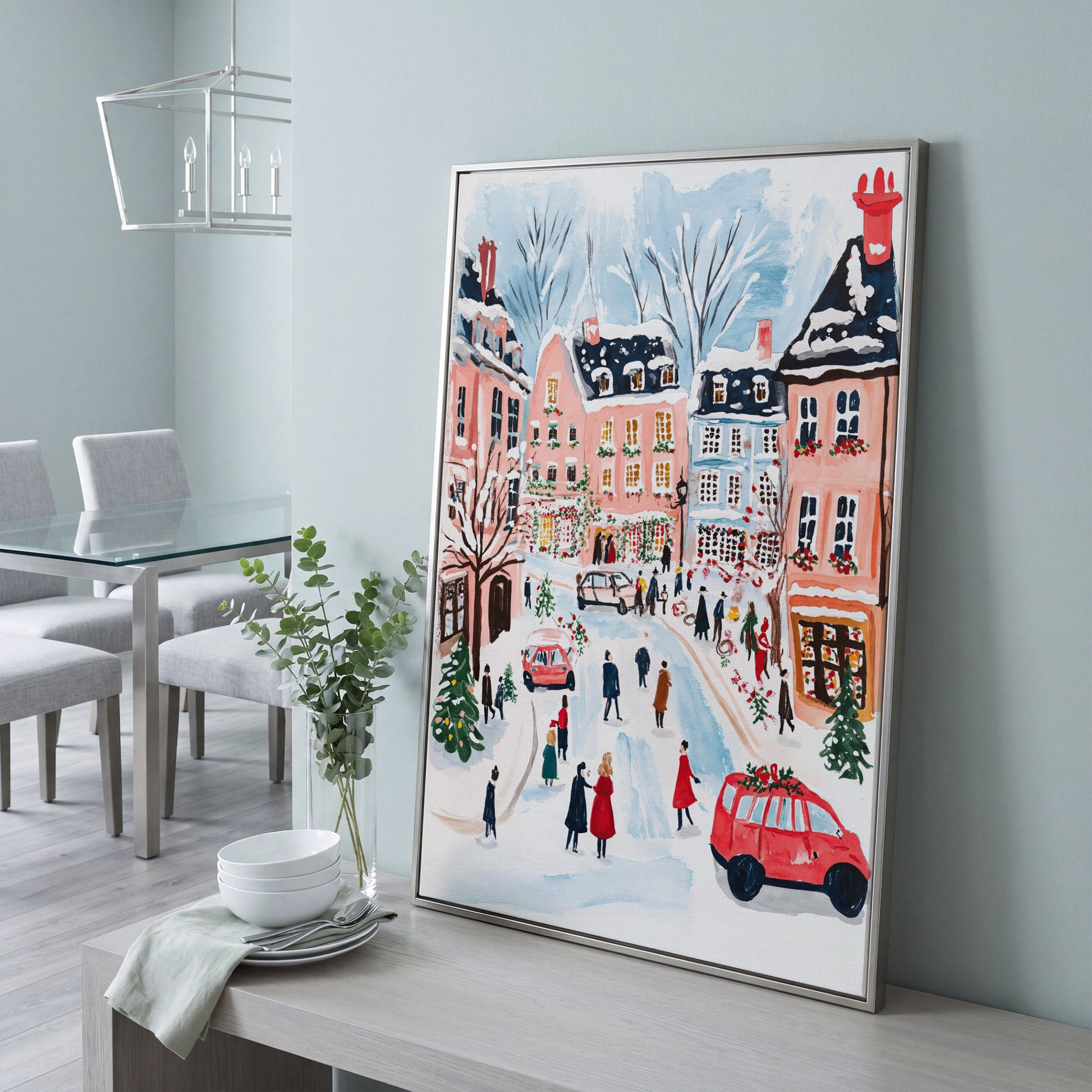 Christmas Town Square Canvas Print | Winter Scene in silver floating frame