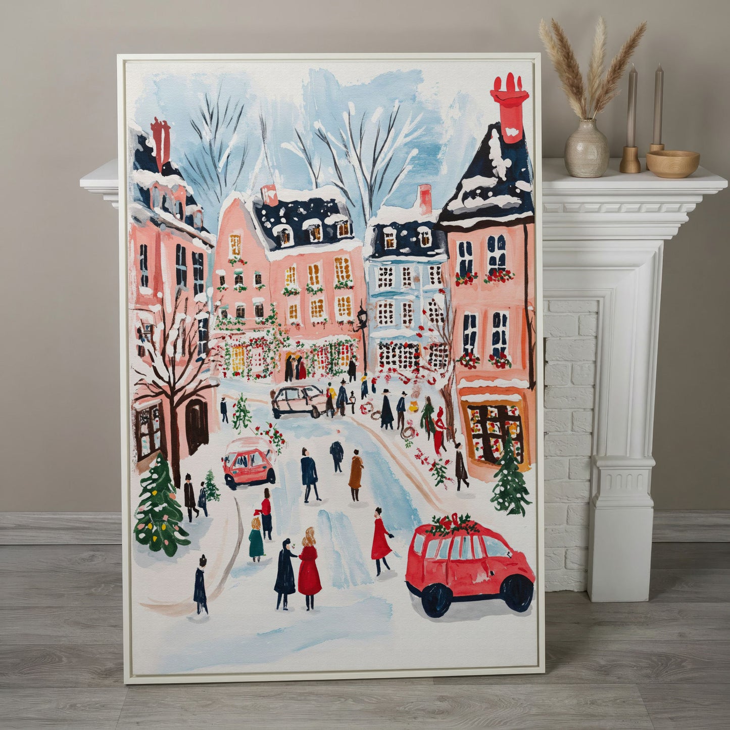 Christmas Town Square Canvas Print | Winter Scene in white floating frame