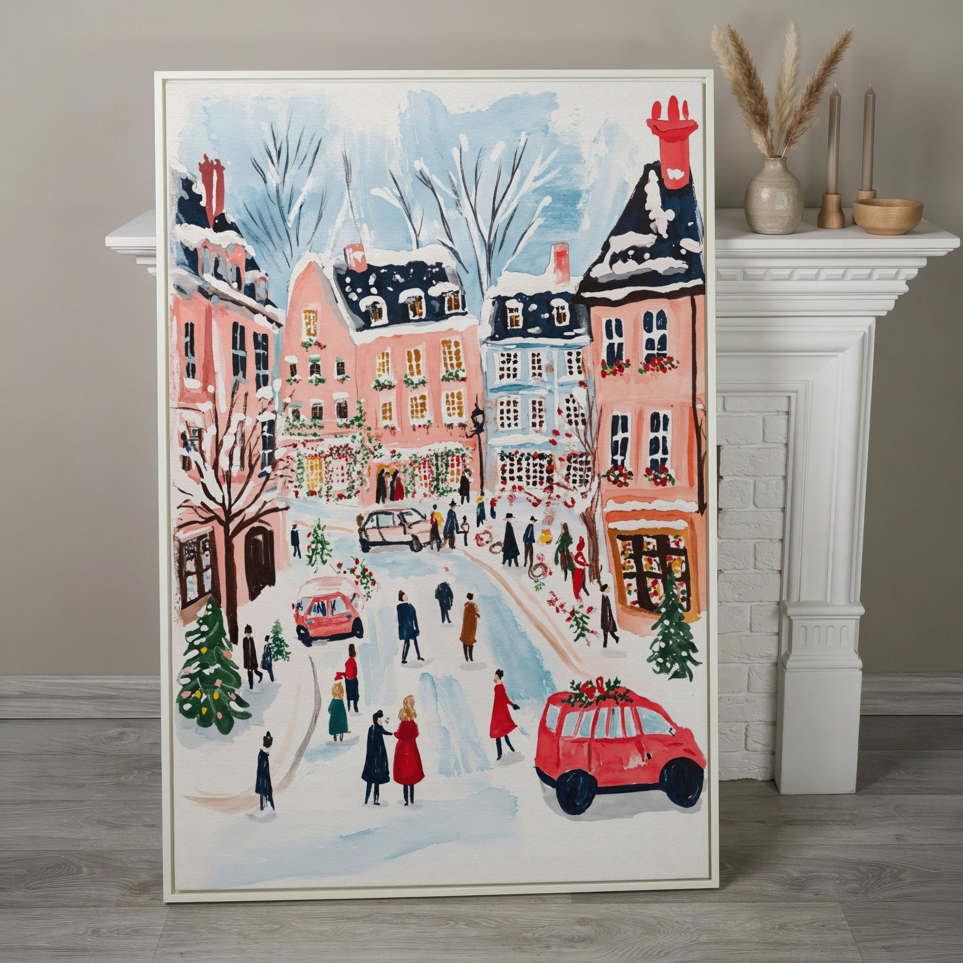 Christmas Town Square Canvas Print | Winter Scene in white floating frame