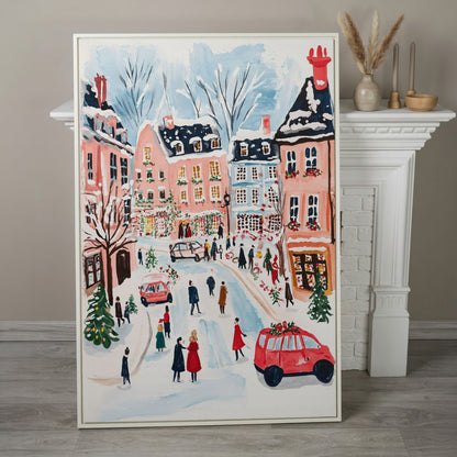 Christmas Town Square Canvas Print | Winter Scene in white floating frame