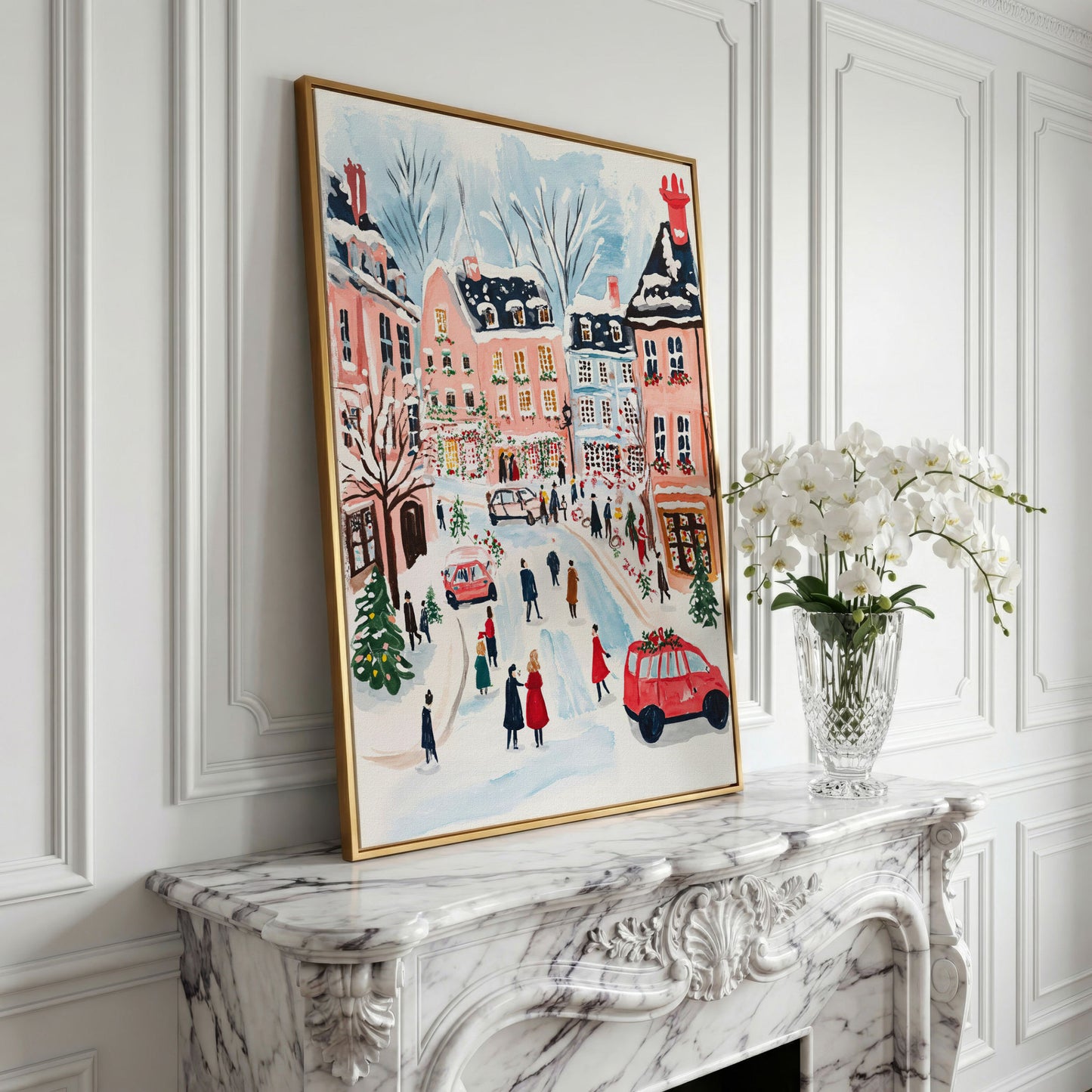 Christmas Town Square Canvas Print | Winter Scene in yellow gold floating frame