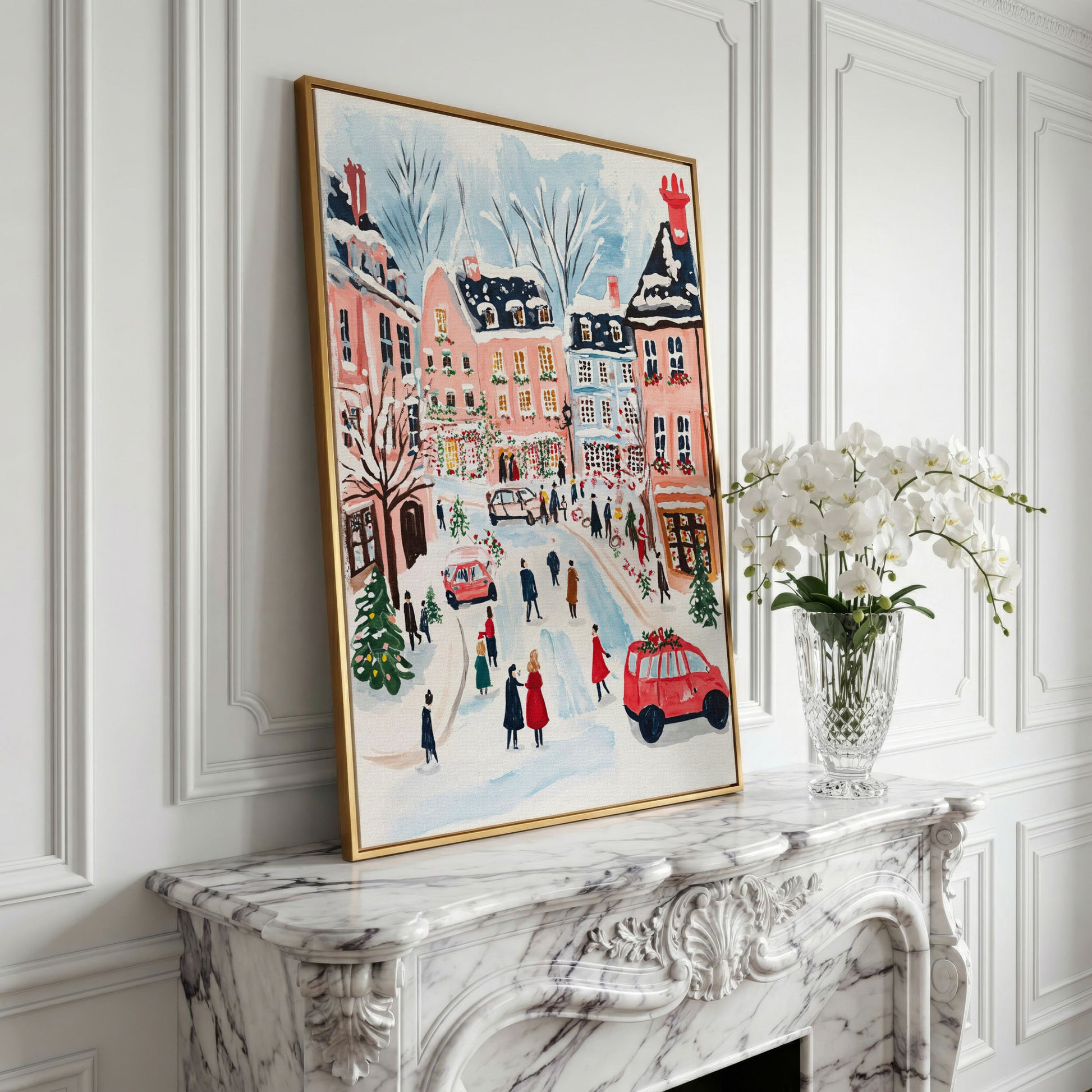 Christmas Town Square Canvas Print | Winter Scene in yellow gold floating frame