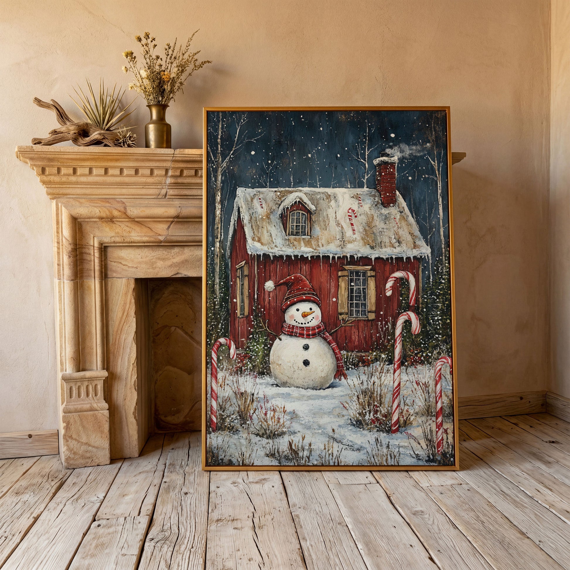 Festive Snowman Winter Scene Canvas Print in antique gold floating frame