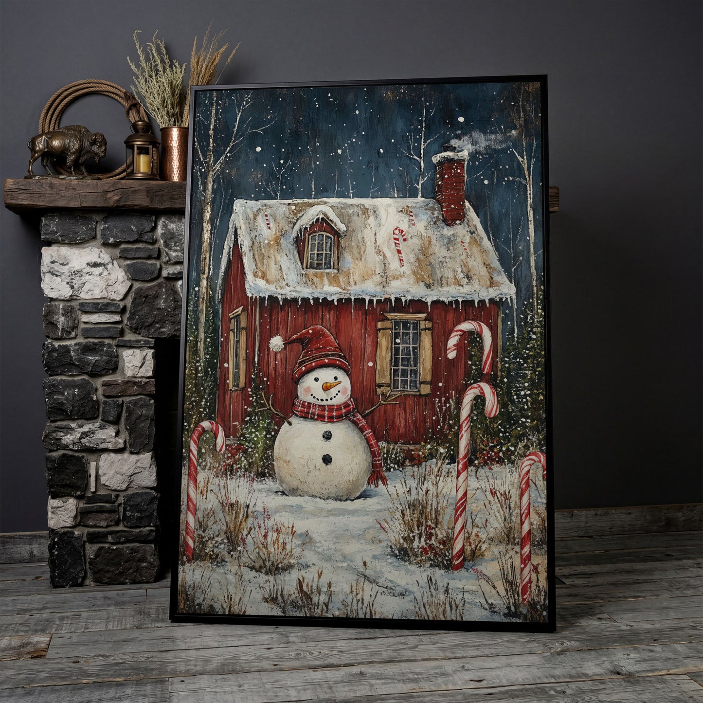 Festive Snowman Winter Scene Canvas Print in black floating frame