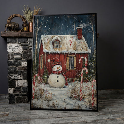 Festive Snowman Winter Scene Canvas Print in black floating frame