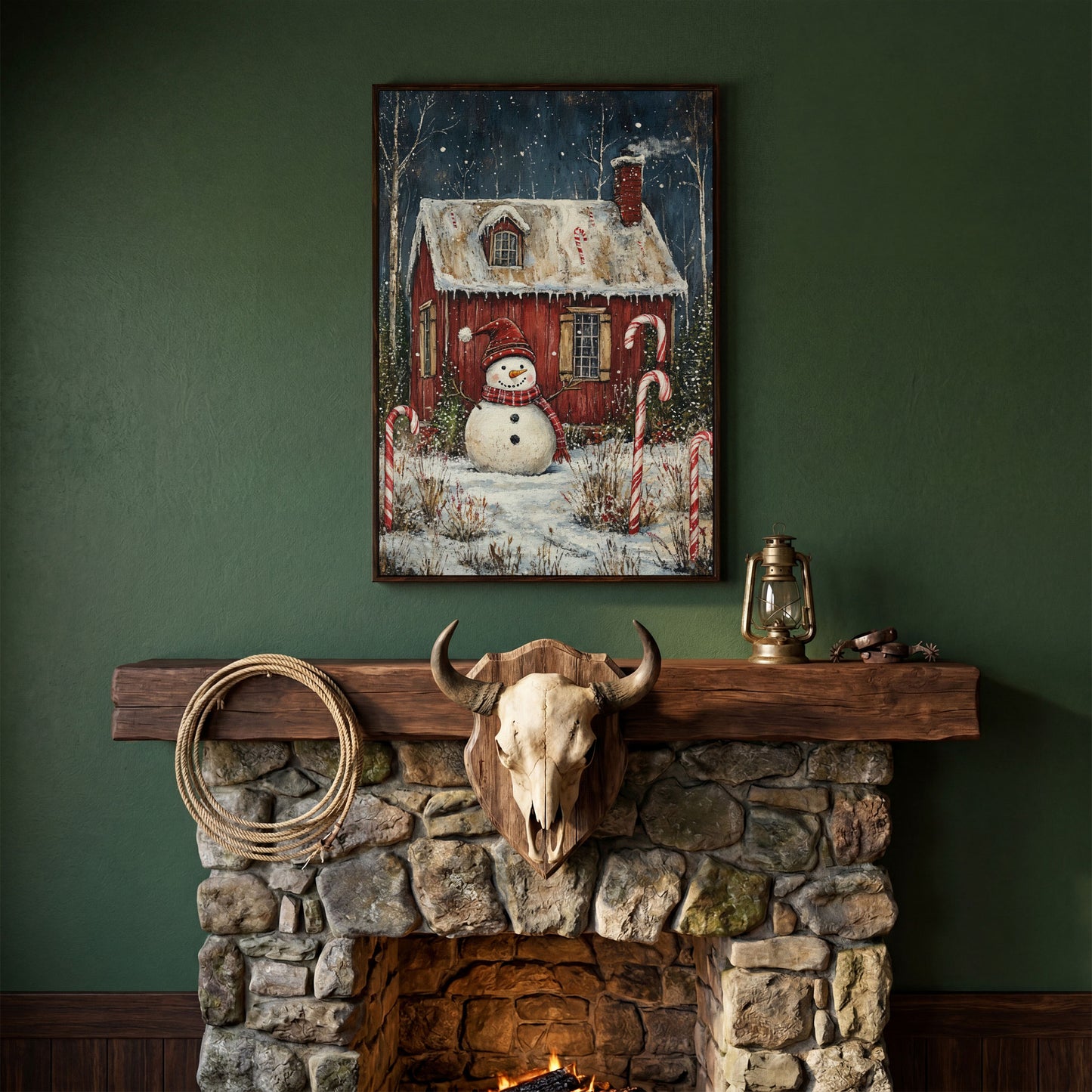 Festive Snowman Winter Scene Canvas Print in dark walnut floating frame