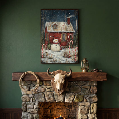 Festive Snowman Winter Scene Canvas Print in dark walnut floating frame