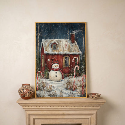 Festive Snowman Winter Scene Canvas Print in white oak floating frame