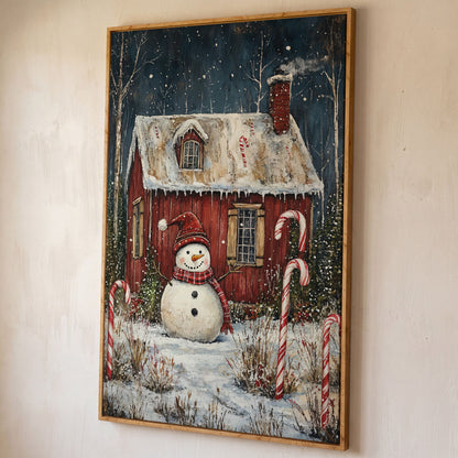 Festive Snowman Winter Scene Canvas Print shown in white oak floating frame