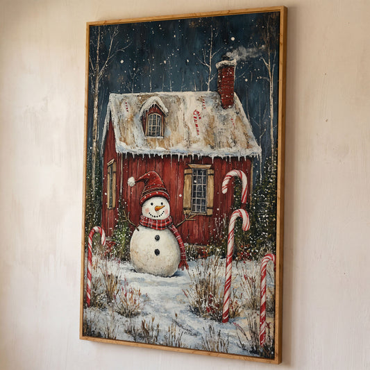 Festive Snowman Winter Scene Canvas Print shown in white oak floating frame